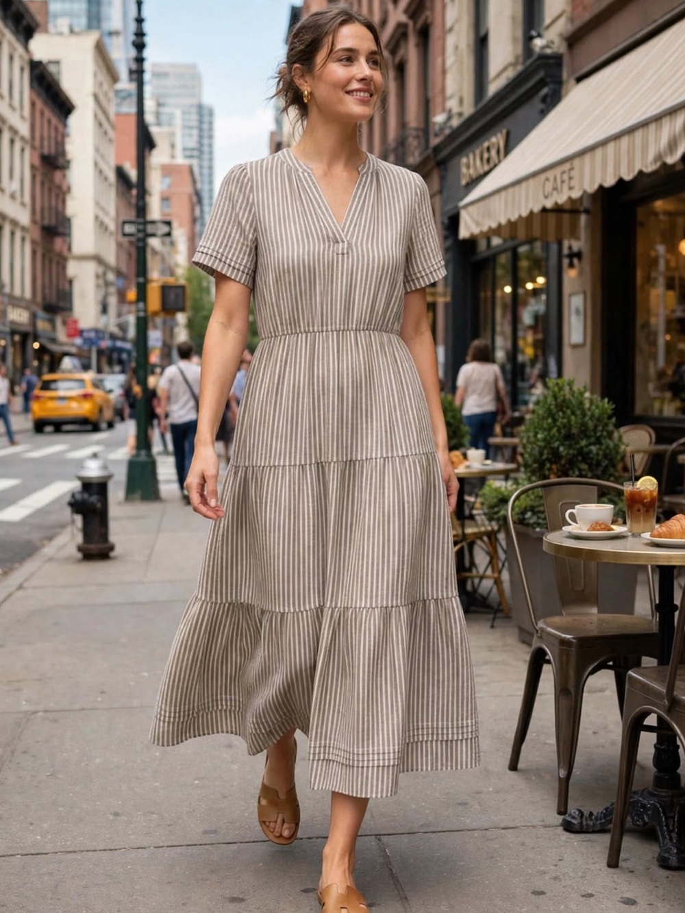 Cynthia Rowley Beige and White Striped Tiered Maxi Linen  Dress